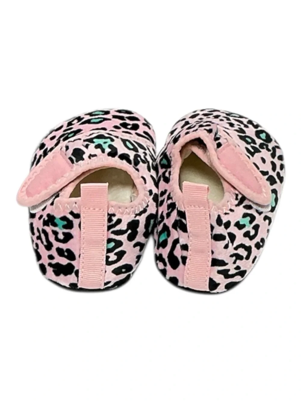 Kids Pink Leopard Print Soft Crib Shoes with Teal Accents